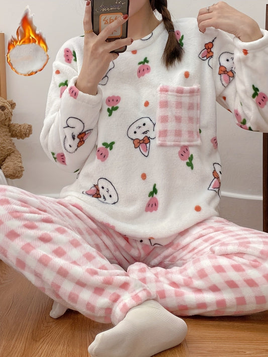 Women's Cute Bunny & Tulip Print Fleece Thick Pajama Set, Long Sleeve Round Neck Top & Plaid Pants, Comfortable Relaxed Fit For Fall & Winter Nine 11 - Nine 11