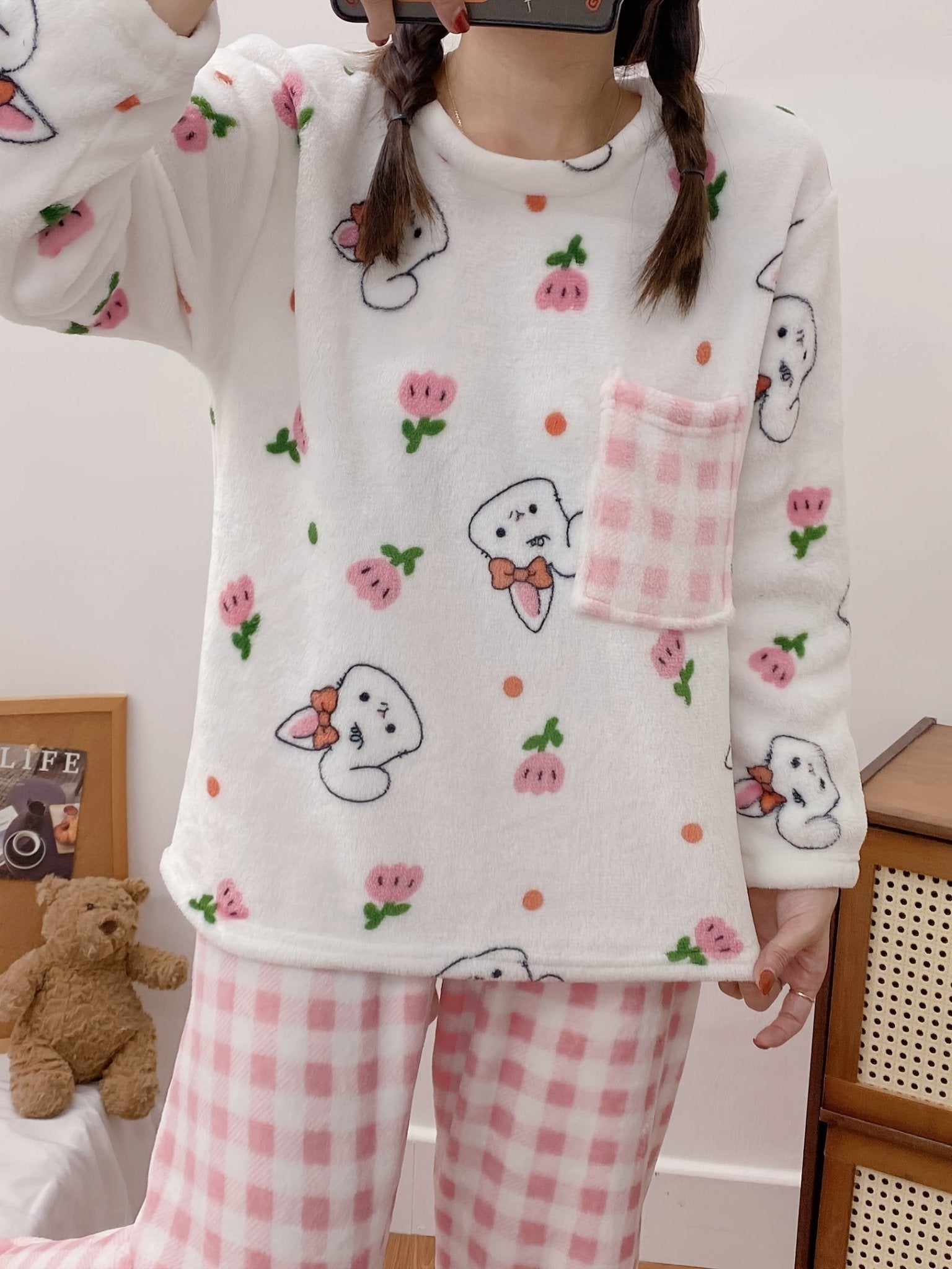 Women's Cute Bunny & Tulip Print Fleece Thick Pajama Set, Long Sleeve Round Neck Top & Plaid Pants, Comfortable Relaxed Fit For Fall & Winter Nine 11 - Nine 11