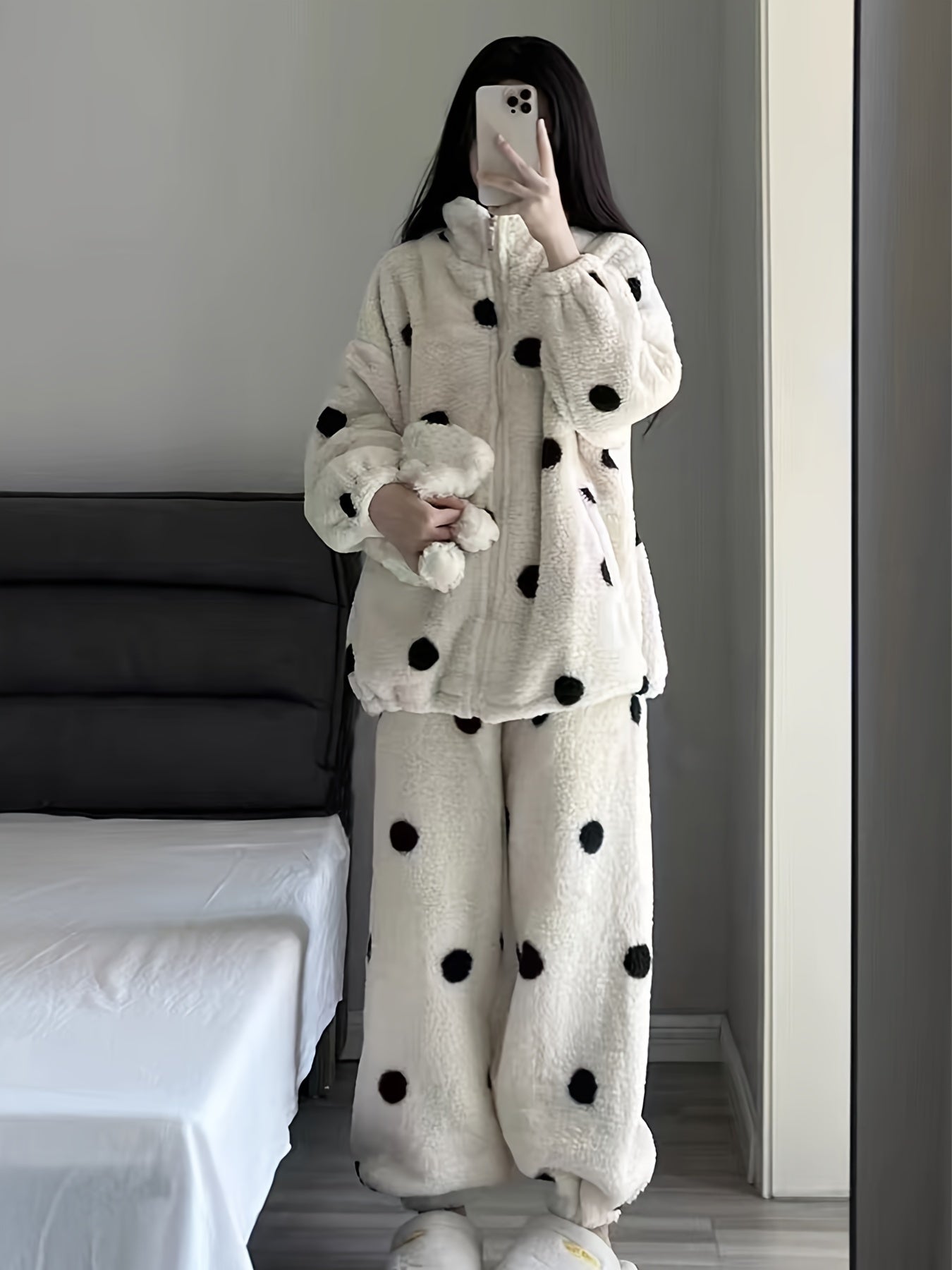 Women's Polka Dot Print Sweet Plush Fleece Thick Pajama Set, Long Sleeve Zipper High Neck Top & Pants, Comfortable Relaxed Fit For Fall & Winter - Nine 11