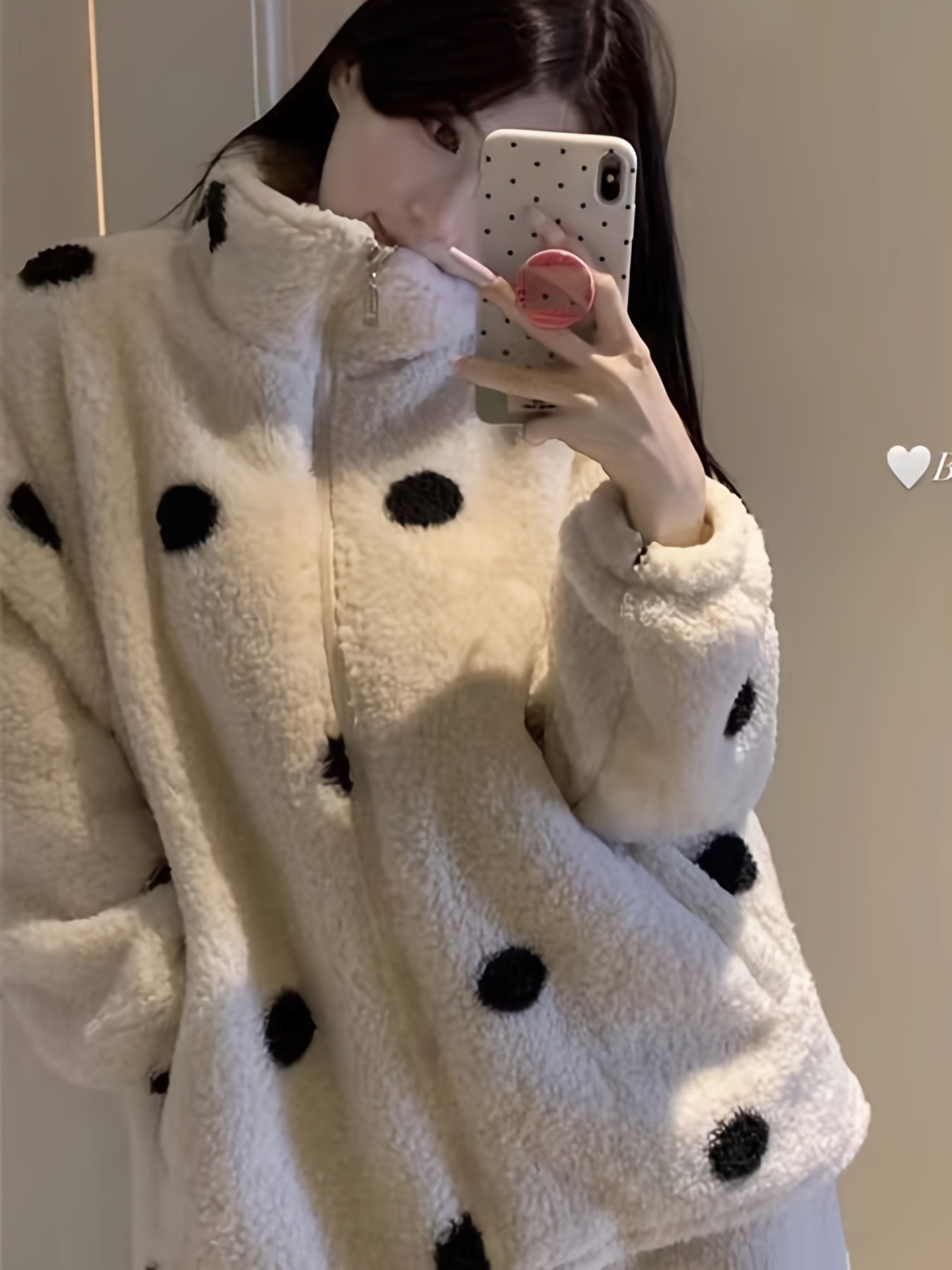 Women's Polka Dot Print Sweet Plush Fleece Thick Pajama Set, Long Sleeve Zipper High Neck Top & Pants, Comfortable Relaxed Fit For Fall & Winter - Nine 11