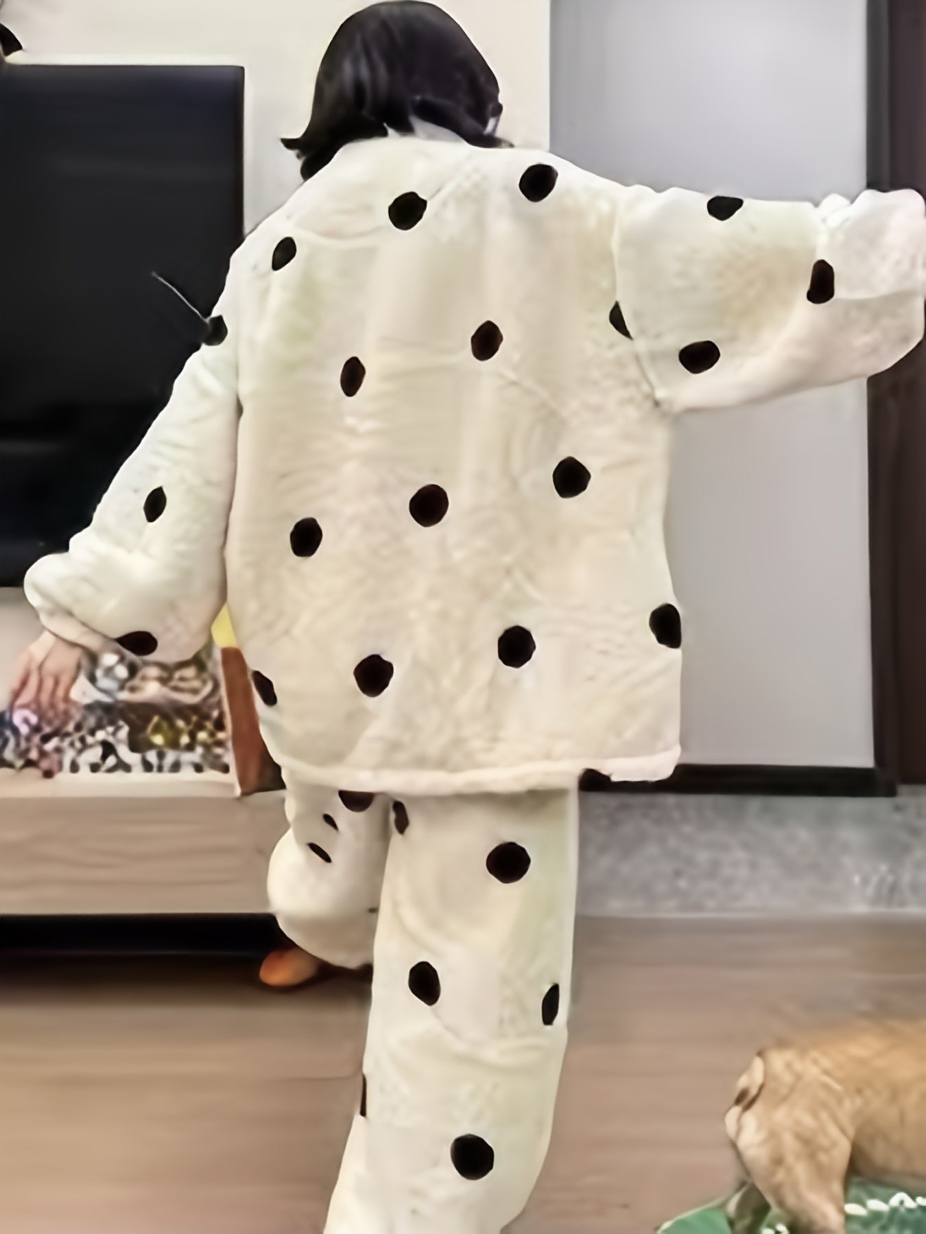 Women's Polka Dot Print Sweet Plush Fleece Thick Pajama Set, Long Sleeve Zipper High Neck Top & Pants, Comfortable Relaxed Fit For Fall & Winter - Nine 11